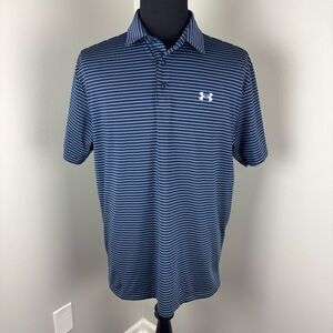 Under Armour Polo Shirt Men's Size XL Blue Striped Heatgear Performance Golf EUC